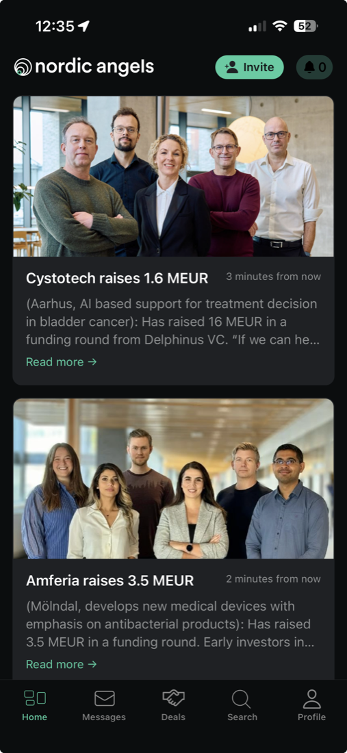 Nordic Angels app showing deal flow